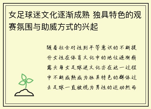 女足球迷文化逐渐成熟 独具特色的观赛氛围与助威方式的兴起 女足球迷文化逐渐成熟 独具特色的观赛氛围与助威方式的兴起