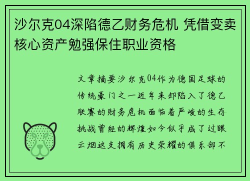 沙尔克04深陷德乙财务危机 凭借变卖核心资产勉强保住职业资格 沙尔克04深陷德乙财务危机 凭借变卖核心资产勉强保住职业资格